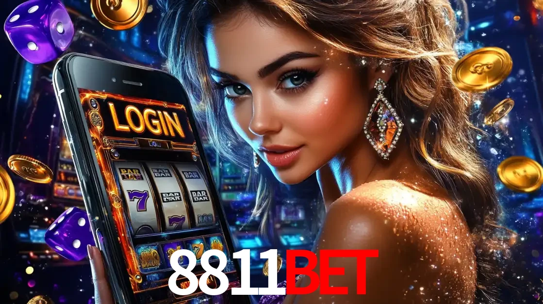 Mulher glamorosa segurando um smartphone com a tela de login para os jogos de caça-níqueis do cassino online 8811BET, com moedas de ouro e dados ao redor.