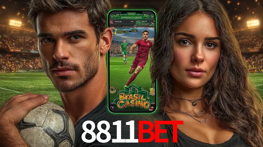 Homem segurando uma bola de futebol e uma mulher ao lado de um smartphone exibindo o jogo de apostas esportivas da 8811BET. Faça seu palpite no cassino online.